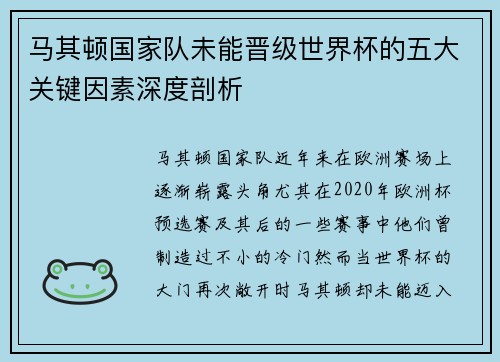 马其顿国家队未能晋级世界杯的五大关键因素深度剖析
