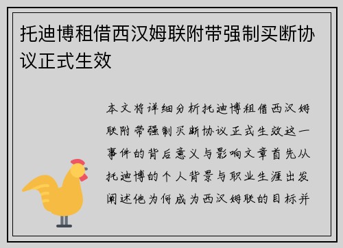 托迪博租借西汉姆联附带强制买断协议正式生效 托迪博租借西汉姆联附带强制买断协议正式生效