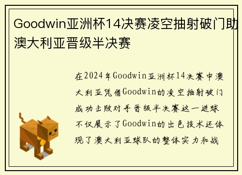 Goodwin亚洲杯14决赛凌空抽射破门助澳大利亚晋级半决赛